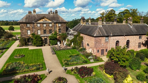 Aerial photo of the garden in autumn sunshine